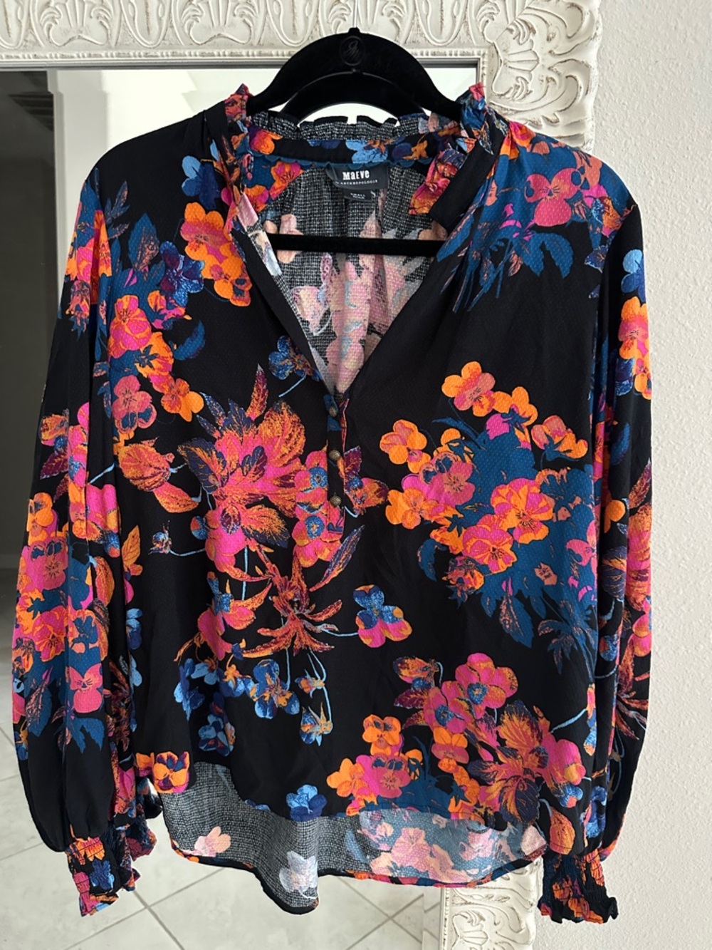 Anthropologie Maeve Floral Black V-Neck Long-Sleeve Top
